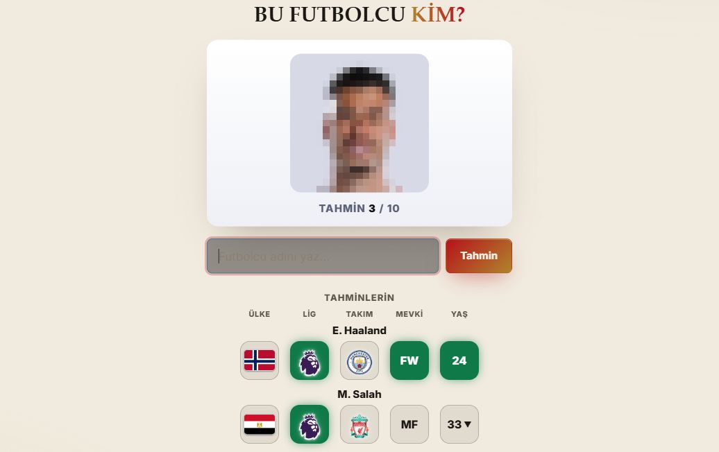 Pikselli futbolcu ve renkli tahmin ipuçlarının göründüğü Bu Kim turu
