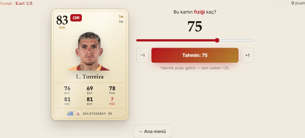 Oyuncu kartındaki gizli fizik değerinin tahmin edildiği Scout turu